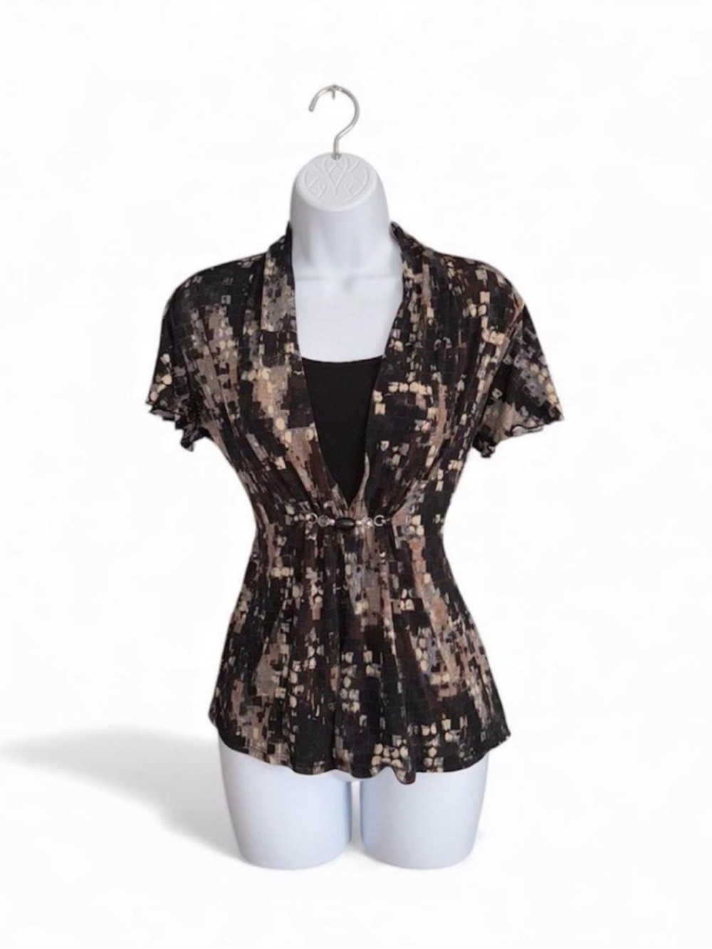 Notations Black & Beige Patterned Short Sleeve Cinch-Front Top Women’s Size PM